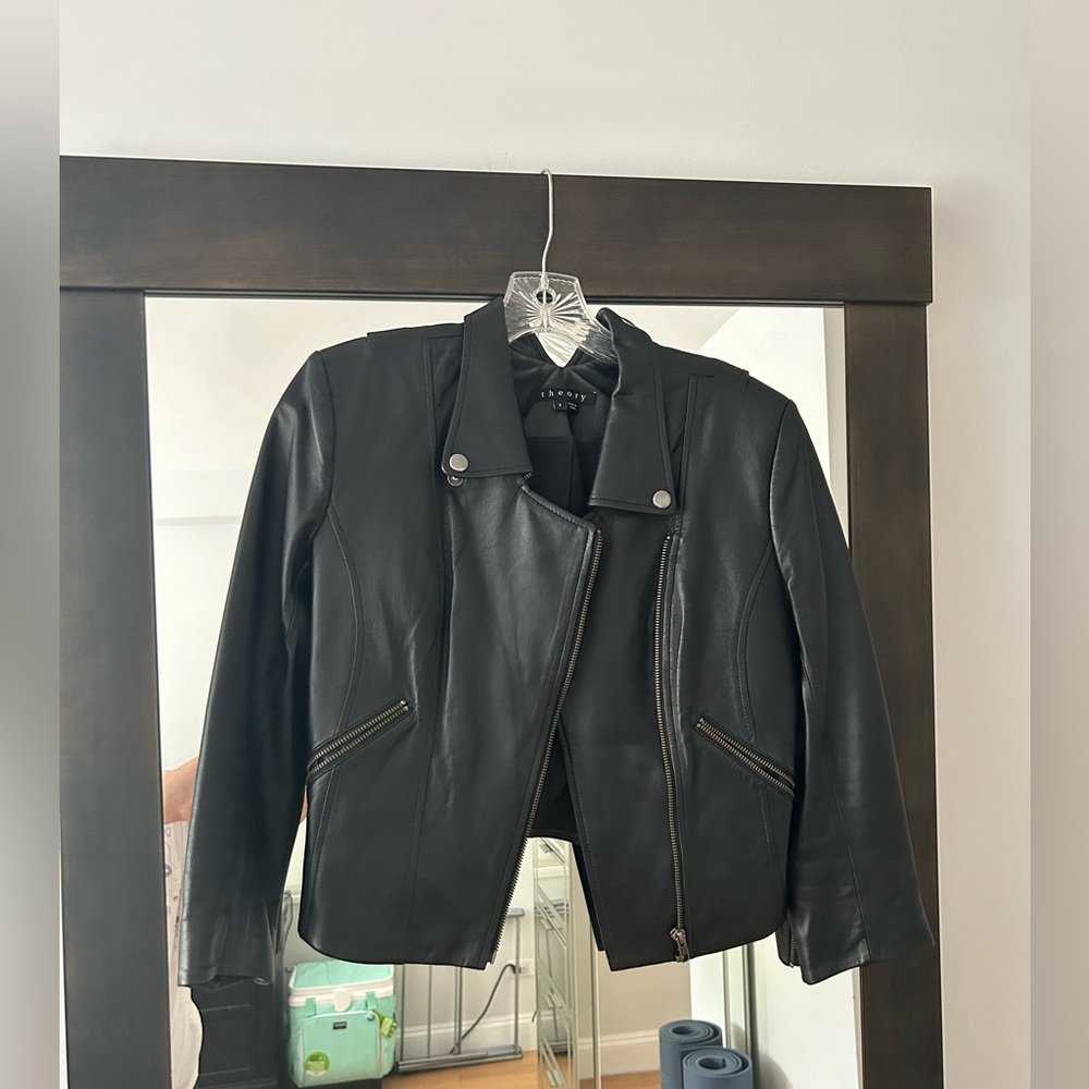 Theory Black Leather Crop Jacket